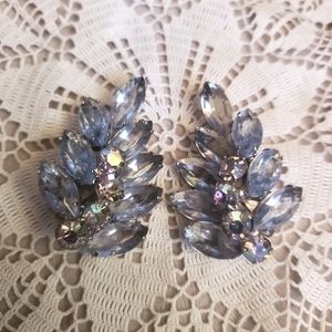 Vintage Unsigned Designer Ear Climber Clip Earrings AB Blue Navette Rhinestones
